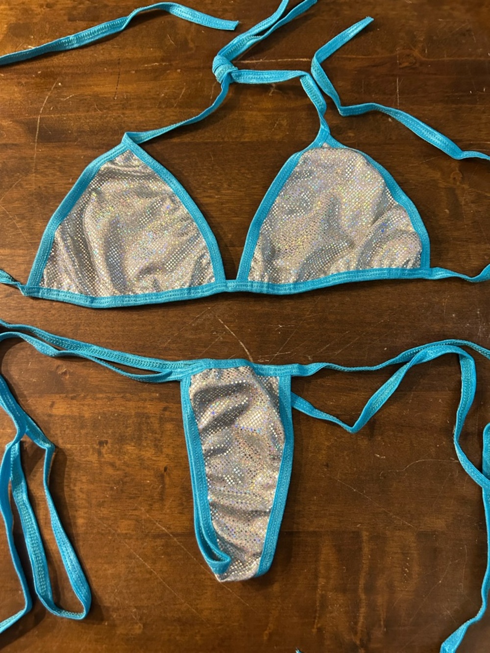 NWOT Handmade Silver Shimmer Ice & Baby Blue Piping Tri-Top Thong Bottom Bikini
